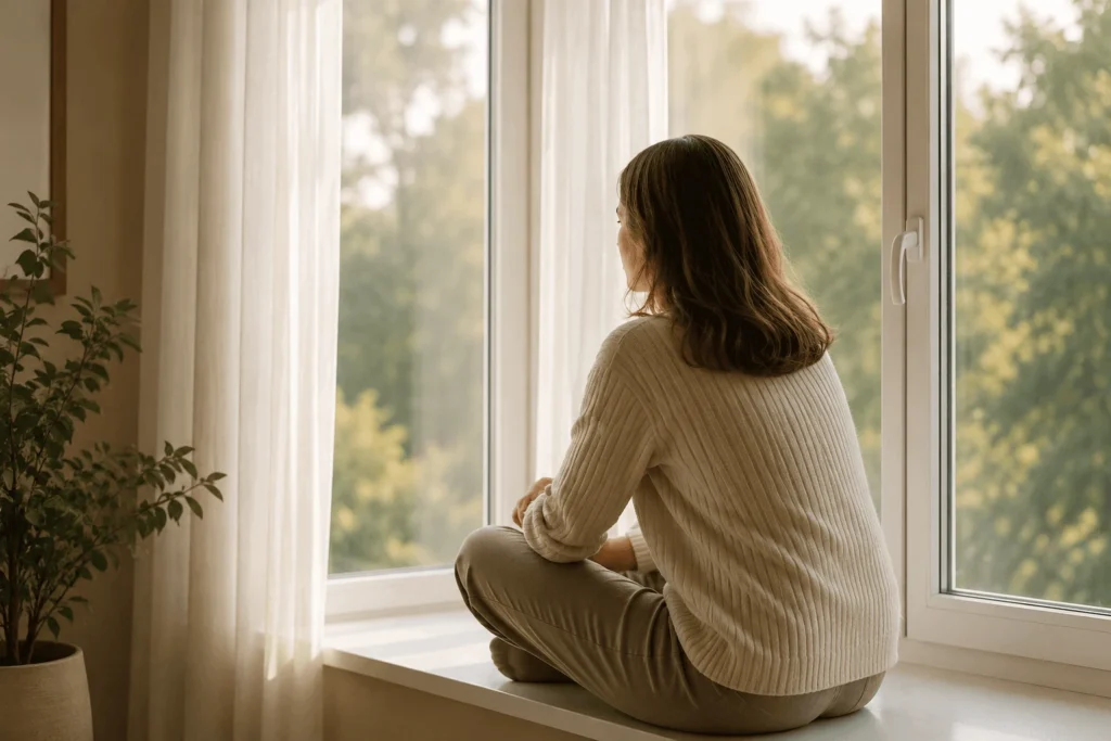 Mulher refletindo sobre como reconstruir a confiança depois de um relacionamento difícil.