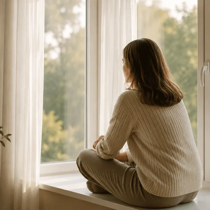 Mulher refletindo sobre como reconstruir a confiança depois de um relacionamento difícil.